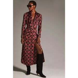 New Anthropologie x MISA Long-Sleeve Wrap Dress $435 XS Black & Pink Motif Geo